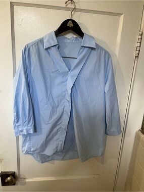 LOMON Light Blue Wrap Front Poplin V-Neck Blouse EUC Size Large